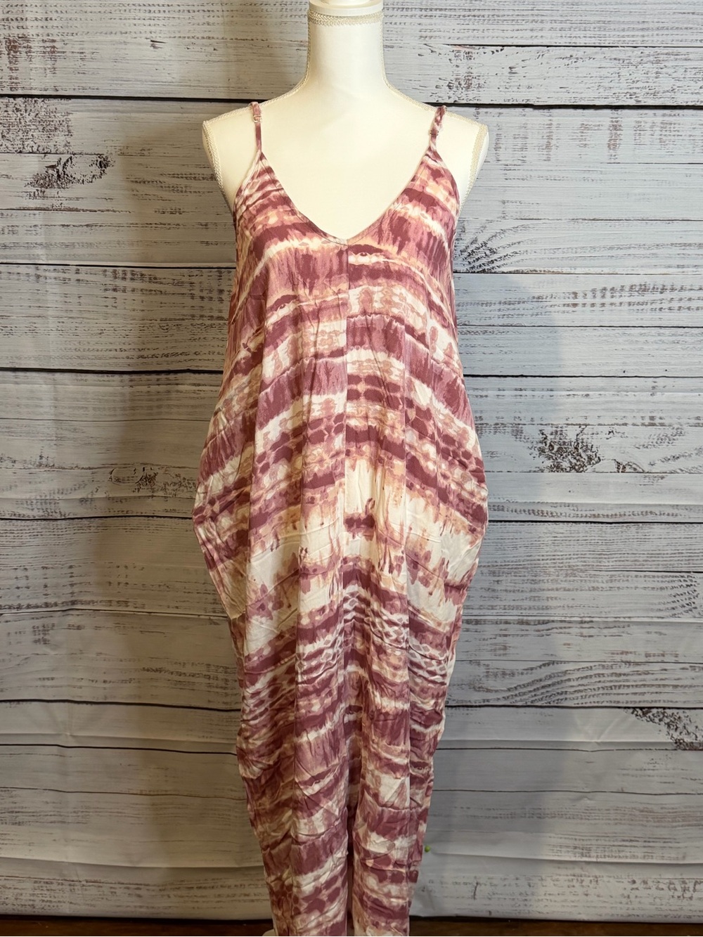 Lulu's Mauve and White Tie-Dye Spaghetti Strap Maxi Dress